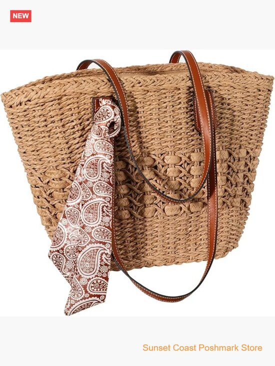 Handbags - Woven Straw Beach Tote Bag Large Capacity Handbag with Zipper Closure and Silk